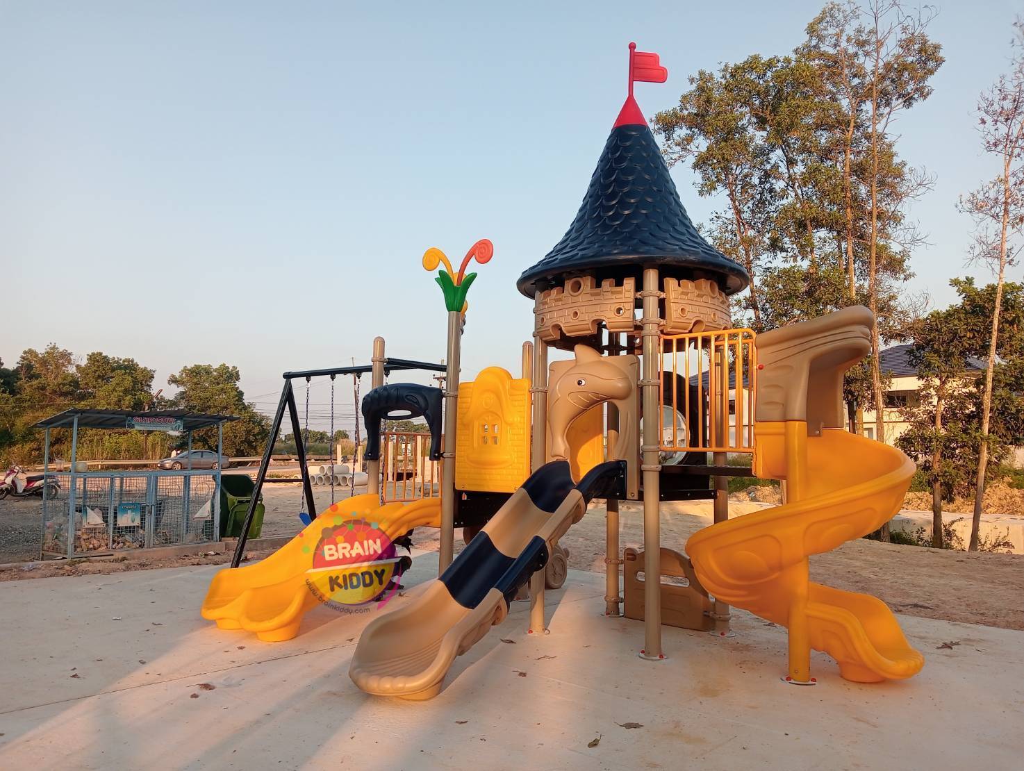 เครื่องเล่นสนาม, ชุดปราสาทสองสไลด์+ชิงช้า กระดานลื่น, ของเล่น,ครุภัณฑ์สนามเด็กเล่น, สพฐ,โครงการโรงเรียนประชารัฐ playground,สไลเดอร์,ของเล่นเสริมพัฒนาการ,เครื่องเล่นสนาม, สนามเด็กเล่น