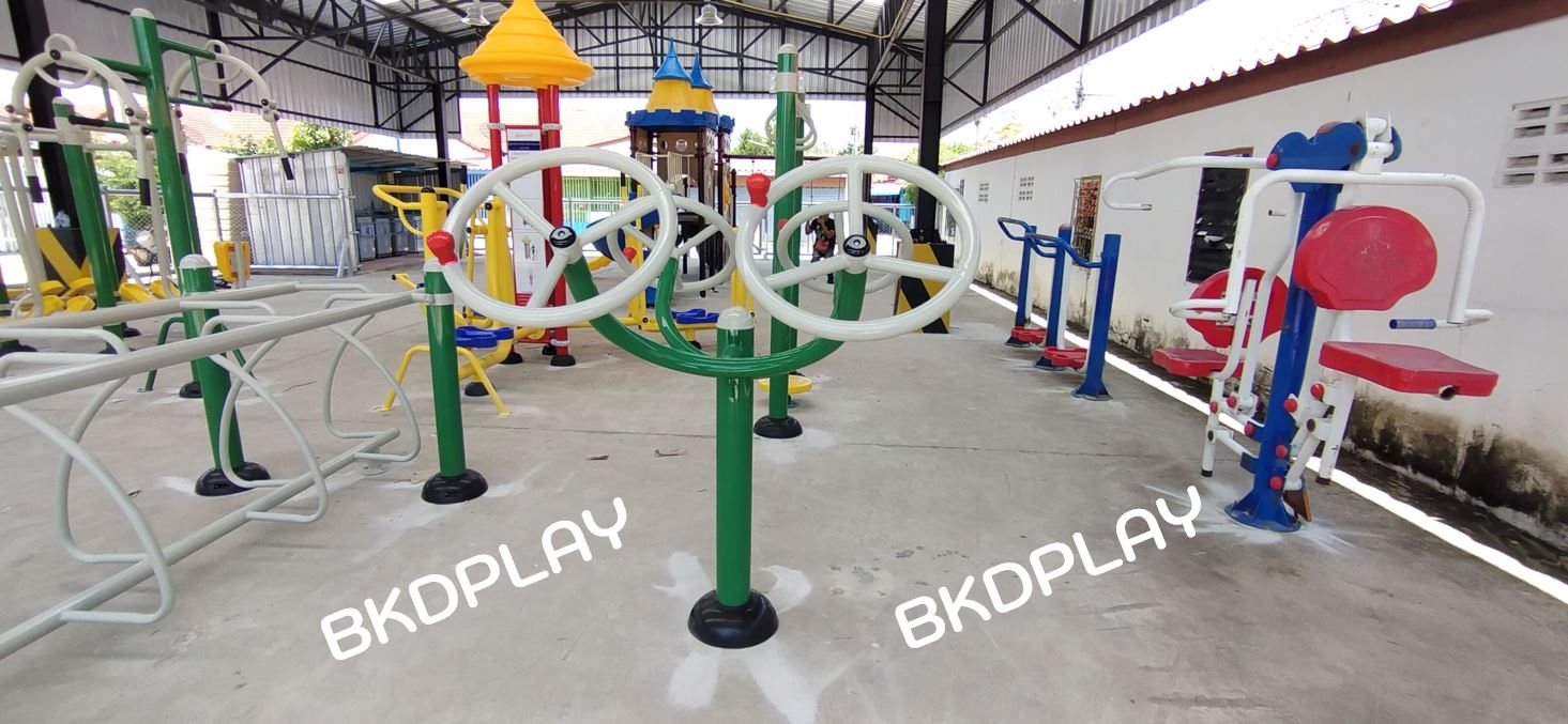 เครื่องออกกำลังกาย กลางแจ้ง ชุดอุปกรณ์ บริหารมือ แขน หัวไหล่ แบบล้อหมุน เหล็ก F-LS-11 ลานกีฬา อเนกประสงค์ สนามกีฬา ขนาด 105 x 130 x 150 ซม.