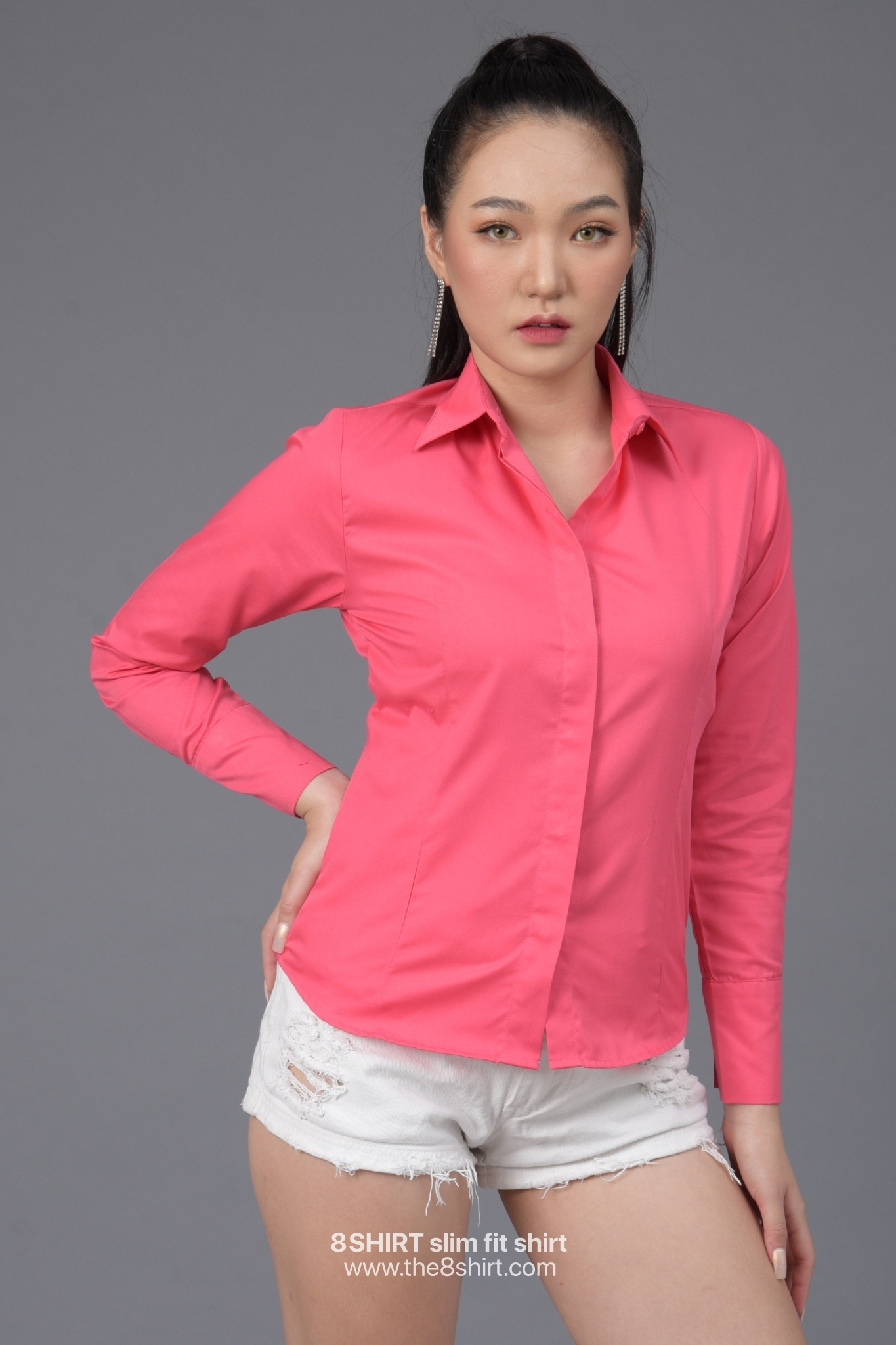 เสื้อเชิ้ตผู้หญิง ชมพูสด (HOT PINK) สลิมฟิต เข้ารูป แขนยาว เสื้อเชิ้ตทำงาน เสื้อยูนิฟอร์ม แบรนด์ 8SHIRT slim fit shirt พร้อมส่ง