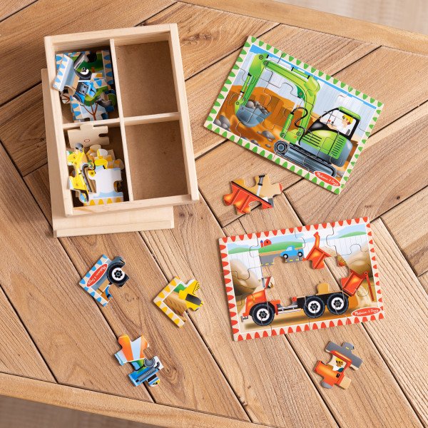 พัชเซิลรูปรถก่อสร้าง 12 ชิ้น 4 ลาย ,จิ๊กซอรถ, Wooden Jigsaw Puzzles in a Box Construction, ของเล่นเสริมพัฒนาการ, ของเล่นเด็ก,สื่อการสอน,อนุบาล,พร้อมส่ง