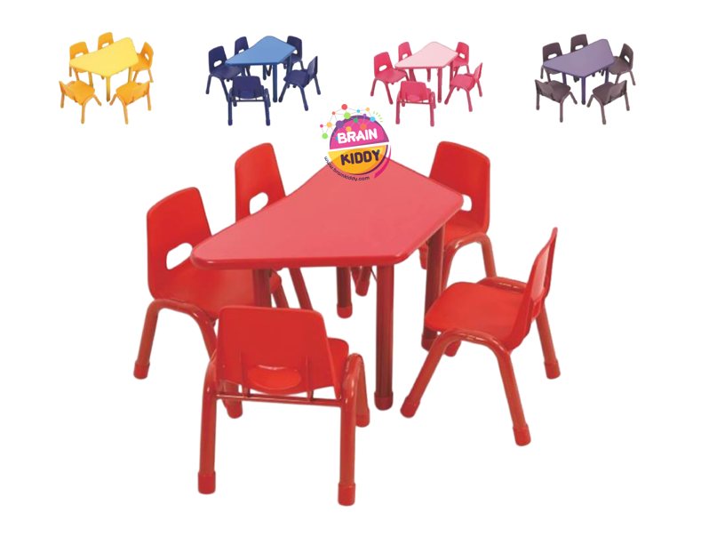 ชุดโต๊ะสี่เหลี่ยมคางหมู พร้อมเก้าอี้ 5 ที่นั่ง โต๊ะเก้าอี้นักเรียน,โต๊ะเด็ก,เก้าอี้เด็ก,อนุบาล-ประถม,โต๊ะกิจกรรม,โต๊ะพลาสติกขาเหล็ก,โต๊ะเขียนหนังสือเด็ก สั่งนำเข้า ขนาดโต๊ะ 60x120x48-56 ซม.