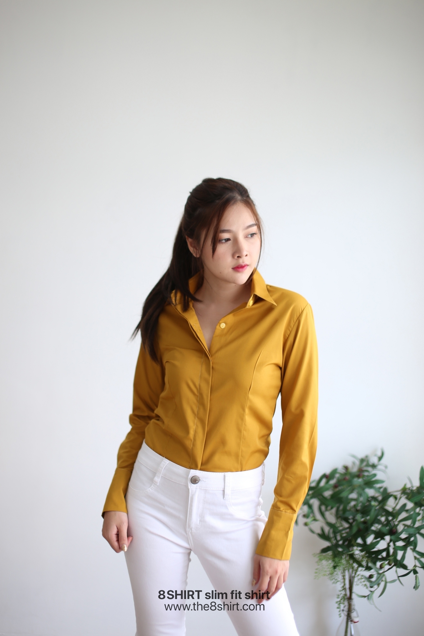 เสื้อเชิ้ตผู้หญิง สีเหลืองมัสตาร์ด (Mustard yellow) สลิมฟิต เข้ารูป แขนยาว เสื้อเชิ้ตทำงาน เสื้อยูนิฟอร์ม แบรนด์ 8SHIRT slim fit shirt พร้อมส่ง