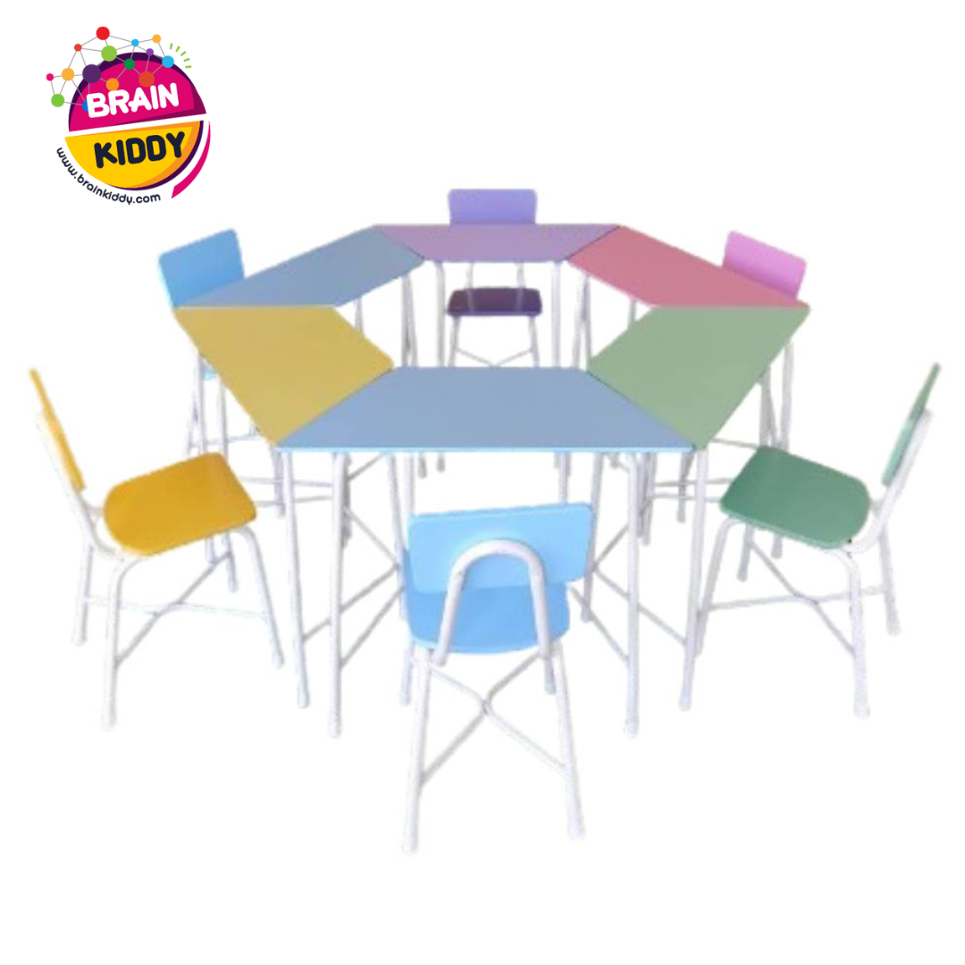 ชุดโต๊ะสี่เหลี่ยมคางหมูพร้อมเก้าอี้6ตัว แบบไม่มีลิ้นชัก ขาเหล็กกลม นักเรียนประถม-มัธยม ,โต๊ะเขียนหนังสือเด็ก, โต๊ะกิจกรรม โต๊ะนักเรียน โต๊ะนักเรียนประถม พร้อมส่งในไทย