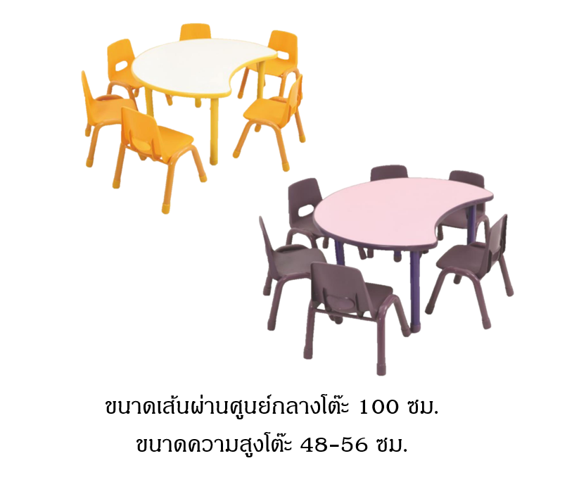 ชุดโต๊ะพระจันทร์ยิ้ม SET A พร้อมเก้าอี้ 6 ที่นั่ง โต๊ะเก้าอี้นักเรียน,โต๊ะเด็ก,เก้าอี้เด็ก,อนุบาล-ประถม,โต๊ะกิจกรรม,โต๊ะพลาสติกขาเหล็ก,โต๊ะเขียนหนังสือเด็ก สั่งนำเข้า ขนาดโต๊ะ เส้นผ่านศูนย์กลาง 100 ซม. ความสูง 48-56 ซม.