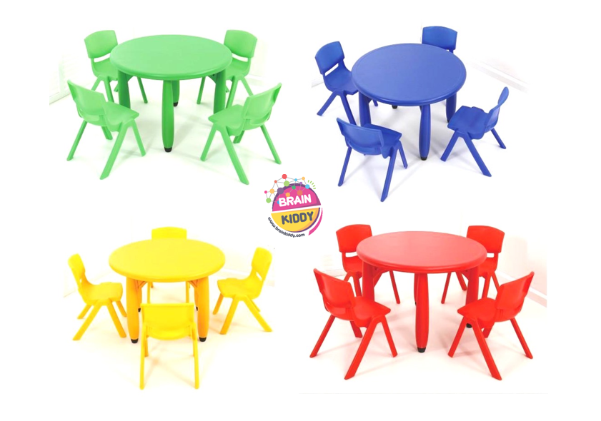 โปรโมชั่น ชุดโต๊ะเรียน เด็กอนุบาล โต๊ะกิจกรรม โต๊ะกลมพลาสติก พร้อมเก้าอี้ 4 ตัว ราคาโรงงาน พร้อมส่ง ส่งฟรี ขนาด 75x50 ซม.