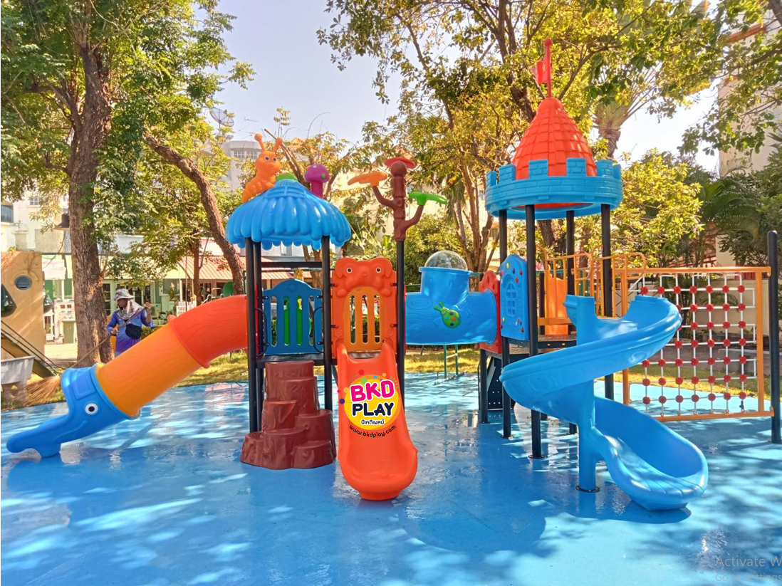 เครื่องเล่นสนามกลางแจ้ง ชุดหลังคาเห็ดพร้อมปีนป่ายชิงช้า เครื่องเล่นสนามกลางแจ้ง ในร่ม งบสพฐ. สนามเด็กเล่น