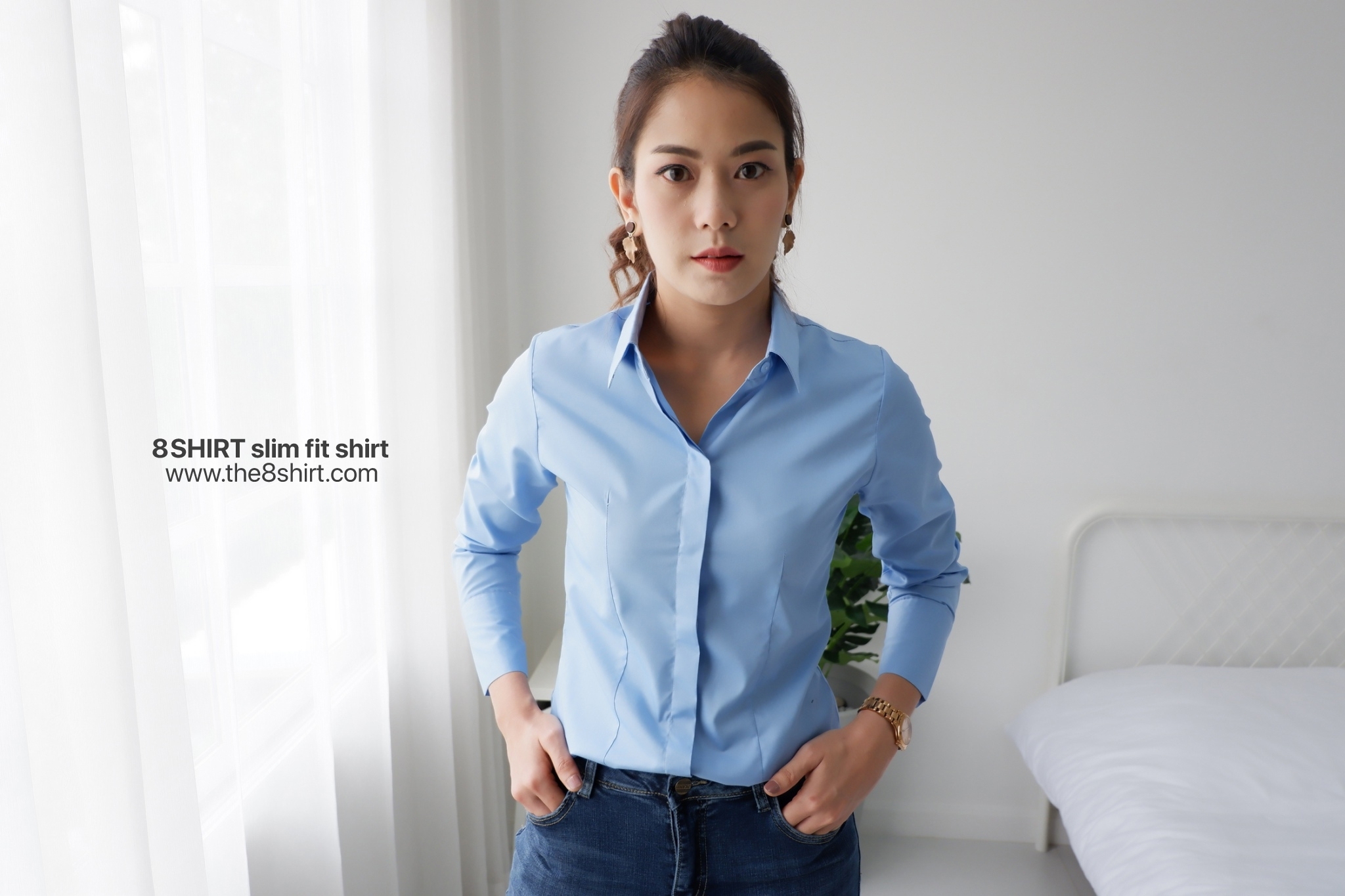 เสื้อเชิ้ตผู้หญิง สีฟ้า (Blue) สลิมฟิต เข้ารูป แขนยาว เสื้อเชิ้ตทำงาน เสื้อยูนิฟอร์ม แบรนด์ 8SHIRT slim fit shirt พร้อมส่ง