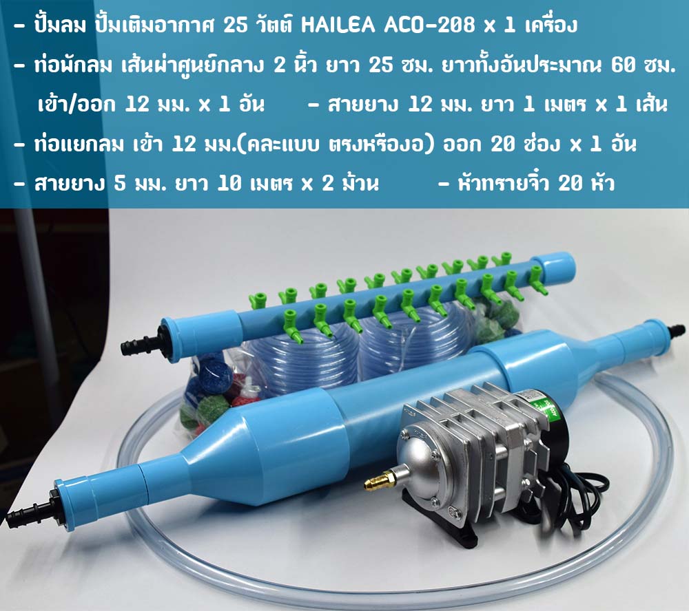 ปั้มออกซิเจน HAILEA รุ่น ACO-208 ท่อพักลม 2 นิ้ว ท่อแยกลม 20 ช่อง และอุปกรณ์พร้อมใช้งาน