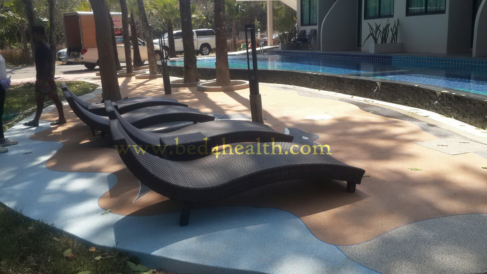 เตียงอาบแดด หวายเทียม พร้อมเบาะ Outdoor โครงสเตนเลส ไม่กลัวสนิม