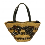 กระเป๋าสานผักตบชวา กระเป๋าผกากรอง ซิปและสายหนังแท้ ประดับผ้าผูกโบว์สีดำ