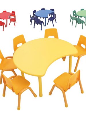 ชุดโต๊ะพระจันทร์ยิ้ม SET B พร้อมเก้าอี้ 6 ที่นั่ง โต๊ะเก้าอี้นักเรียน,โต๊ะเด็ก,เก้าอี้เด็ก,อนุบาล-ประถม,โต๊ะกิจกรรม,โต๊ะพลาสติกขาเหล็ก,โต๊ะเขียนหนังสือเด็ก สั่งนำเข้า ขนาดโต๊ะ เส้นผ่านศูนย์กลาง 100 ซม. ความสูง 48-56 ซม.