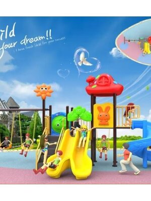 เครื่องเล่นสนามกลางแจ้ง ชุดป่าหลากสีสันชิงช้าและสไลเดอร์,สไลเดอร์, กระดานลื่น, ของเล่น,ครุภัณฑ์สนามเด็กเล่น, สพฐ,โครงการโรงเรียนประชารัฐ,งบประมาณ70,000 ขนาด 210x540x260 ซม.