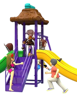 เครื่องเล่นสนามกลางแจ้ง ชุดกระท่อม 2 สไลเดอร์+ชิงช้า,กระดานลื่น,สไลเดอร์,ครุภัณฑ์สนามเด็กเล่น, สพฐ,โครงการโรงเรียนประชารัฐ playground,เครื่องเล่นสนาม, สนามเด็กเล่น ขนาด 340x360x240 ซม.
