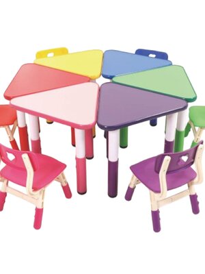 ชุดโต๊ะสามเหลี่ยม หลากสี พร้อมเก้าอี้ 6 ที่นั่ง โต๊ะเก้าอี้นักเรียน,โต๊ะเด็ก,เก้าอี้เด็ก,อนุบาล-ประถม,โต๊ะกิจกรรม,โต๊ะพลาสติกขาเหล็ก,โต๊ะเขียนหนังสือเด็ก สั่งนำเข้า ขนาดความยาวโต๊ะ 140 ซม. ขนาดความสูงโต๊ะ 48-60 ซม.
