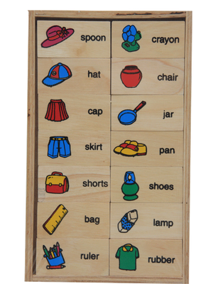 โดมิโนภาพกับคำอ่านภาษาอังกฤษชุดเครื่องใช้ , ของเล่นไม้, ของเล่นเสริมพัฒนาการ, ของเล่นเด็กอนุบาล, สื่อการสอนเด็กอนุบาล