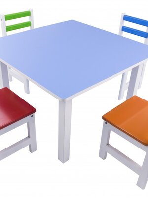 ชุดโต๊ะไม้ สี่เหลี่ยมเหลี่ยม พร้อมเก้าอี้ 4 ตัว ทำกิจกรรมกลุ่ม โต๊ะเขียนหนังสือเด็ก โต๊ะพร้อมเก้าอี้เด็กพร้อมส่ง สำหรับเด็ก อนุบาล โรงเรียน เนอสเซอรี่ ศูนย์พัฒนาเด็กเล็ก ขนาด 80 x 80 x 50 ซม.