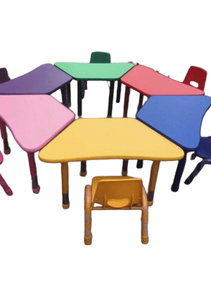ชุดโต๊ะสี่เหลี่ยมคางหมู 6 ตัว พร้อมเก้าอึ้ 6 ตัว โต๊ะเก้าอี้นักเรียน,โต๊ะเด็ก,เก้าอี้เด็ก,อนุบาล-ประถม,โต๊ะกิจกรรม,โต๊ะพลาสติกขาเหล็ก,โต๊ะเขียนหนังสือเด็ก สั่งนำเข้า ขนาดโต๊ะ ย. 205 * 48-56 ซม.