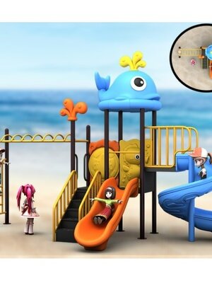 เครื่องเล่นสนามกลางแจ้ง ชุดวาฬน้อยผจญภัย,สไลเดอร์,บาร์โหน,ปีนป่าย,กระดานลื่น,เครื่องเล่นเด็ก,ครุภัณฑ์สนามเด็กเล่น, สพฐ,โครงการโรงเรียนประชารัฐ,งบประมาณ70,000 ขนาด 210x420x260 ซม.