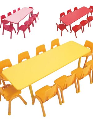 ชุดโต๊ะสี่เหลี่ยมผืนผ้า แบบยาว SET A พร้อมเก้าอี้ 10 ที่นั่ง โต๊ะเก้าอี้นักเรียน,โต๊ะเด็ก,เก้าอี้เด็ก,อนุบาล-ประถม,โต๊ะกิจกรรม,โต๊ะพลาสติกขาเหล็ก,โต๊ะเขียนหนังสือเด็ก สั่งนำเข้า ขนาดโต๊ะ 60x180x37-56 ซม.