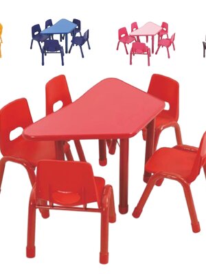 ชุดโต๊ะสี่เหลี่ยมคางหมู พร้อมเก้าอี้ 5 ที่นั่ง โต๊ะเก้าอี้นักเรียน,โต๊ะเด็ก,เก้าอี้เด็ก,อนุบาล-ประถม,โต๊ะกิจกรรม,โต๊ะพลาสติกขาเหล็ก,โต๊ะเขียนหนังสือเด็ก สั่งนำเข้า ขนาดโต๊ะ 60x120x48-56 ซม.