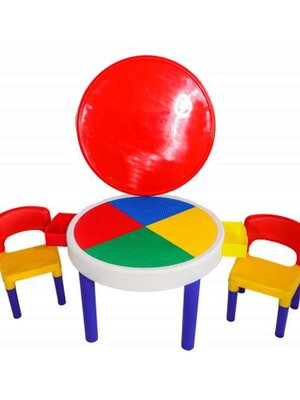 โต๊ะเล่นบล็อกสีสัน พร้อมเก้าอี้ 2 ตัว สำหรับเด็ก อนุบาล โรงเรียน เนอสเซอรี่ ศูนย์พัฒนาเด็กเล็ก ขนาดโต๊ะ เส้นผ่าศูนย์กลาง 50.8 x 69.5 ซม. ขนาดเก้าอี้ 30.5 x 28 x 45.7 ซม.