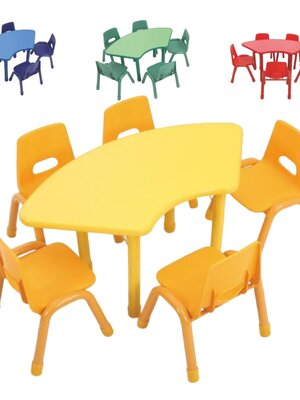ชุดโต๊ะโค้ง พร้อมเก้าอี้ 5 ที่นั่ง โต๊ะเก้าอี้นักเรียน,โต๊ะเด็ก,เก้าอี้เด็ก,อนุบาล-ประถม,โต๊ะกิจกรรม,โต๊ะพลาสติกขาเหล็ก,โต๊ะเขียนหนังสือเด็ก สั่งนำเข้า ขนาดโต๊ะ 55x107x48-52 ซม.