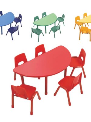 ชุดโต๊ะครึ่งวงกลม SET B พร้อมเก้าอี้ 5 ที่นั่ง ราคาต่อ1สี โต๊ะเก้าอี้นักเรียน,โต๊ะเด็ก,เก้าอี้เด็ก,อนุบาล-ประถม,โต๊ะกิจกรรม,โต๊ะพลาสติกขาเหล็ก,โต๊ะเขียนหนังสือเด็ก สั่งนำเข้า ขนาดโต๊ะ 60x120x48-56 ซม.