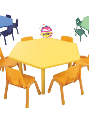 ชุดโต๊ะหกเหลี่ยม พร้อมเก้าอี้ 6 ที่นั่ง โต๊ะเก้าอี้นักเรียน, โต๊ะเด็ก, เก้าอี้เด็ก, อนุบาล-ประถม โต๊ะ กิจกรรม โต๊ะพลาสติกขาเหล็ก,โต๊ะเขียนหนังสือเด็ก สั่งนำเข้า ขนาด ย.120 x ส.48-56 ซม.