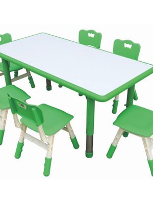 ชุดโต๊ะสี่เหลี่ยมผืนผ้า หน้าขาว SET A พร้อมเก้าอี้ 6 ที่นั่ง โต๊ะเก้าอี้นักเรียน,โต๊ะเด็ก,เก้าอี้เด็ก,อนุบาล-ประถม,โต๊ะกิจกรรม,โต๊ะพลาสติกขาเหล็ก,โต๊ะเขียนหนังสือเด็ก สั่งนำเข้า ขนาดโต๊ะ 60x120x48-56 ซม.