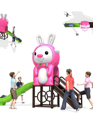 เครื่องเล่นสนามกลางแจ้ง ชุดสถานีกระต่ายชมพู,กระดานลื่น,สไลเดอร์,ครุภัณฑ์สนามเด็กเล่น, สพฐ,โครงการโรงเรียนประชารัฐ playground,เครื่องเล่นสนาม, สนามเด็กเล่น ขนาด 60x250x220 ซม.