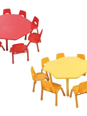 ชุดโต๊ะหกเหลี่ยม พร้อมเก้าอี้ 8 ที่นั่ง โต๊ะเก้าอี้นักเรียน,โต๊ะเด็ก,เก้าอี้เด็ก,อนุบาล-ประถม,โต๊ะกิจกรรม,โต๊ะพลาสติกขาเหล็ก,โต๊ะเขียนหนังสือเด็ก สั่งนำเข้า ขนาดความยาวโต๊ะ 120 ซม. ขนาดความสูงโต๊ะ 48-60 ซม.