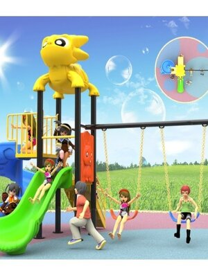 เครื่องเล่นสนามกลางแจ้ง ชุดไดโนน้อยเล่นสวนสไลด์และชิงช้า,สไลเดอร์, กระดานลื่น,ครุภัณฑ์สนามเด็กเล่น, สพฐ,โครงการโรงเรียนประชารัฐ,งบประมาณ70,000 ขนาด 270x400x260 ซม.