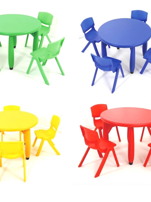 โปรโมชั่น ชุดโต๊ะเรียน เด็กอนุบาล โต๊ะกิจกรรม โต๊ะกลมพลาสติก พร้อมเก้าอี้ 4 ตัว ราคาโรงงาน พร้อมส่ง ส่งฟรี ขนาด 75x50 ซม.