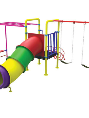 ชุดplayground1 ชุดหอสไลด์ อุโมงค์ +บาร์โหน+ชิงช้า 2 ที่นั่ง,เครื่องเล่นสนามกลางแจ้ง,เครื่องเล่นสนามแบบเหล็ก,สไลเดอร์,ท่อลอด,ครุภัณฑ์สนามเด็กเล่น,งบสพฐ,สินค้าผลิตในไทย ขนาด 580 x 610 x 250 ซม.